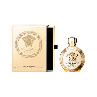 'Versace Eros Pour Femme" is the fragrant seductress of the God of love—Eros. The fragrance suggests the strength of a woman. The scent opens with Sicilian lemon, Calabrian bergamot, and pomegranate accords, with a core of lemon, sambac jasmine absolute, jasmine infusion, and peony. The base contains sandalwood, ambrox, musk, and different woody notes.  Know this fragrance and fall in love with the scent - a special perfume.